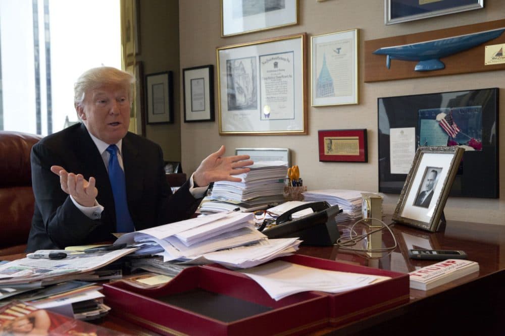 Republican presidential candidate Donald Trump speaks during an interview with The Associated Press in his office at Trump Tower in New York on Tuesday. (Mary Altaffer/AP)