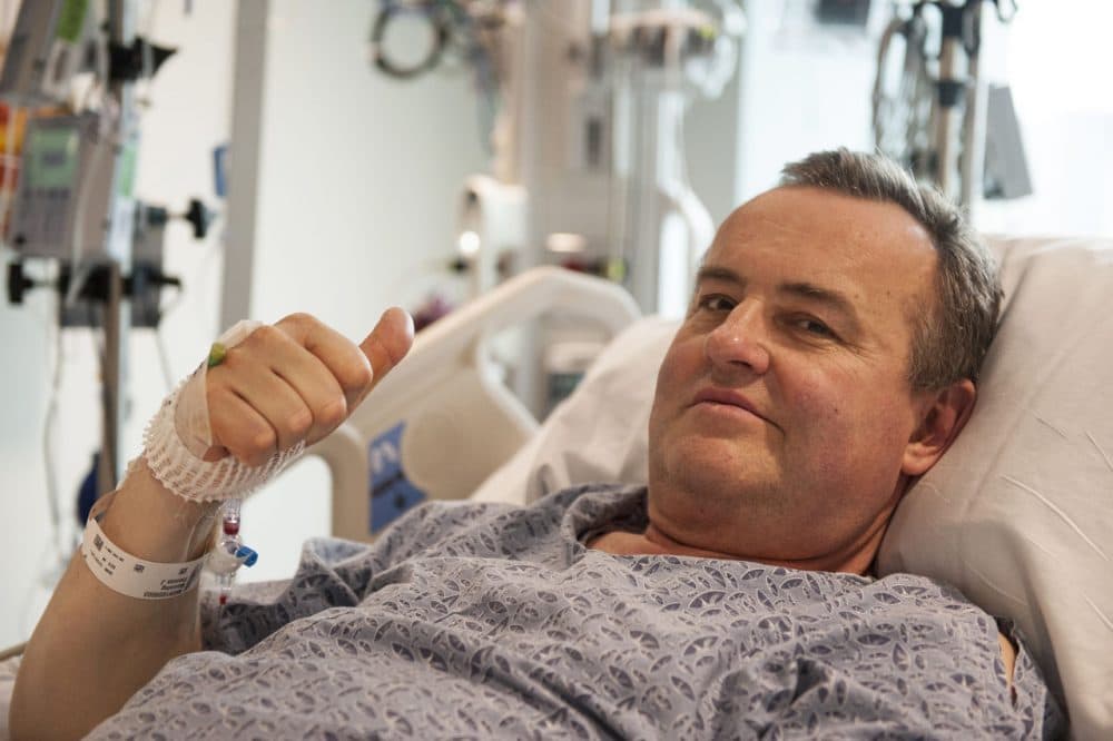 In this photo provided by Massachusetts General Hospital, Thomas Manning gives a thumbs up after being asked how he was feeling following the first penis transplant in the United States. (Sam Riley/Mass General Hospital via AP)