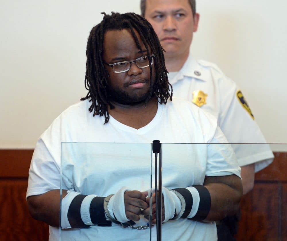 David Njuguna, of Webster, is arraigned in Worcester Superior Court. Njuguna pleaded not guilty to manslaughter and related crimes in the death of Trooper Thomas Clardy. (Christopher Evans/The Boston Herald via AP, Pool)