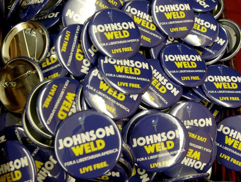 Campaign buttons for Libertarian presidential candidate Gary Johnson and vice presidential candidate Bill Weld at the National Libertarian Party Convention on Friday in Orlando. (John Raoux/AP)