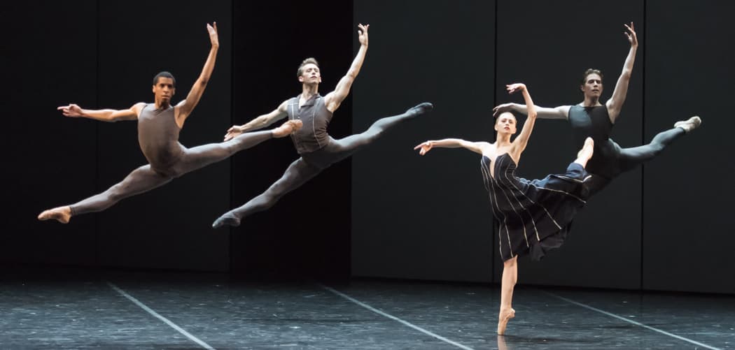 Lawrence Rines, Patrick Yocum, Dusty Button and Bo Busby of Boston Ballet in José Martinez's &quot;Resonance.&quot;(Courtesy of Gene Schiavone/Boston Ballet)