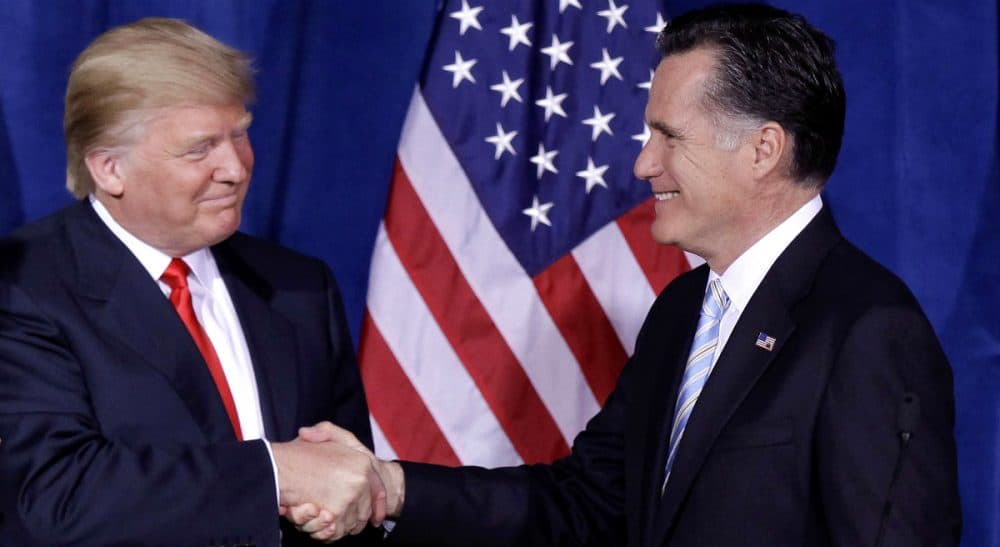 Republican party leaders disavow Donald Trump as their party's nominee. The only problem? They created him. It's time own up to what they've wrought and change course. Pictured: Donald Trump greets Republican presidential candidate, former Massachusetts Gov. Mitt Romney, after announcing his endorsement of Romney during a news conference, Thursday, Feb. 2, 2012, in Las Vegas. (Julie Jacobson/AP)