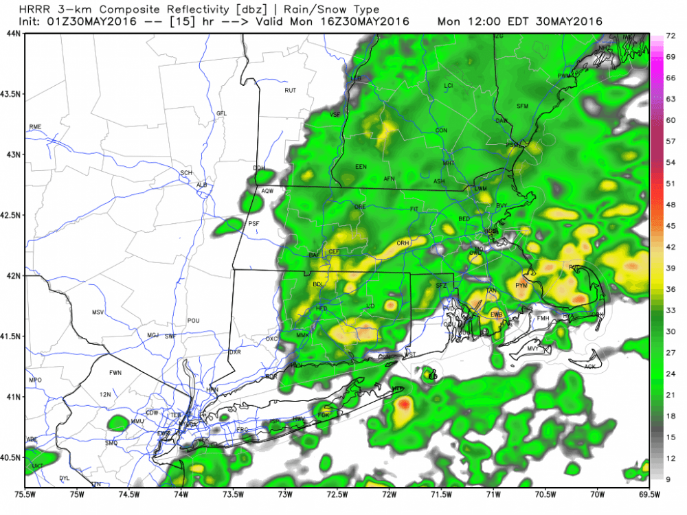 Radar for Monday around noon. (Courtesy WeatherBell Analytics)