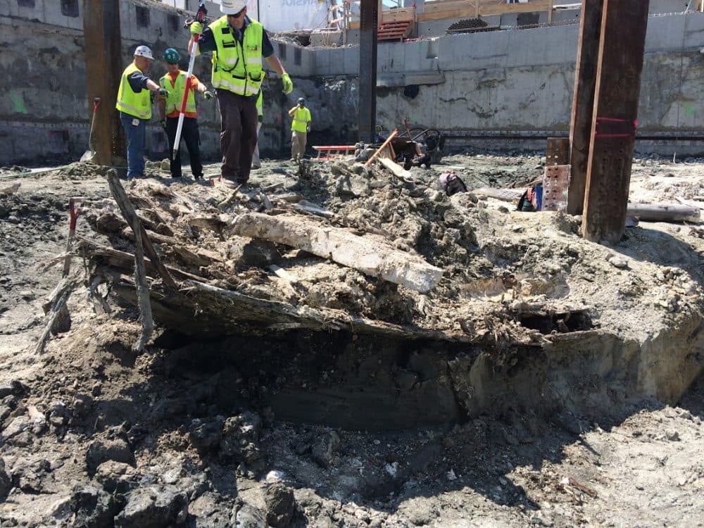 The ship wreckage at a Skanska construction site in the Seaport district. (Courtesy, Joeseph Bagley/City of Boston Archeology)