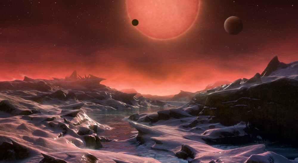An artist’s impression of one of the three planets discovered using the TRAPPIST telescope. (ESO/M. Kornmesser via AP) 