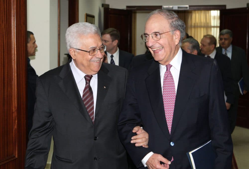 President Mahmoud Abbas meets with US Special Envoy to the Middle East George Mitchell on October 1, 2010 in West Bank, Ramallah. (Thaer Ganaim/PPO/Getty Images)