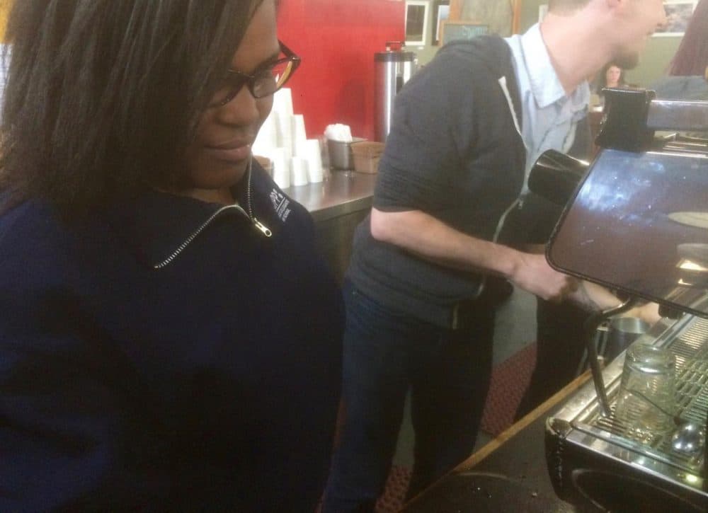 KIPP Nashville freshman Tyssa Newsom pulls an espresso at Bongo Java East after spending six weekends training as a barista. (Blake Farmer/WPLN)