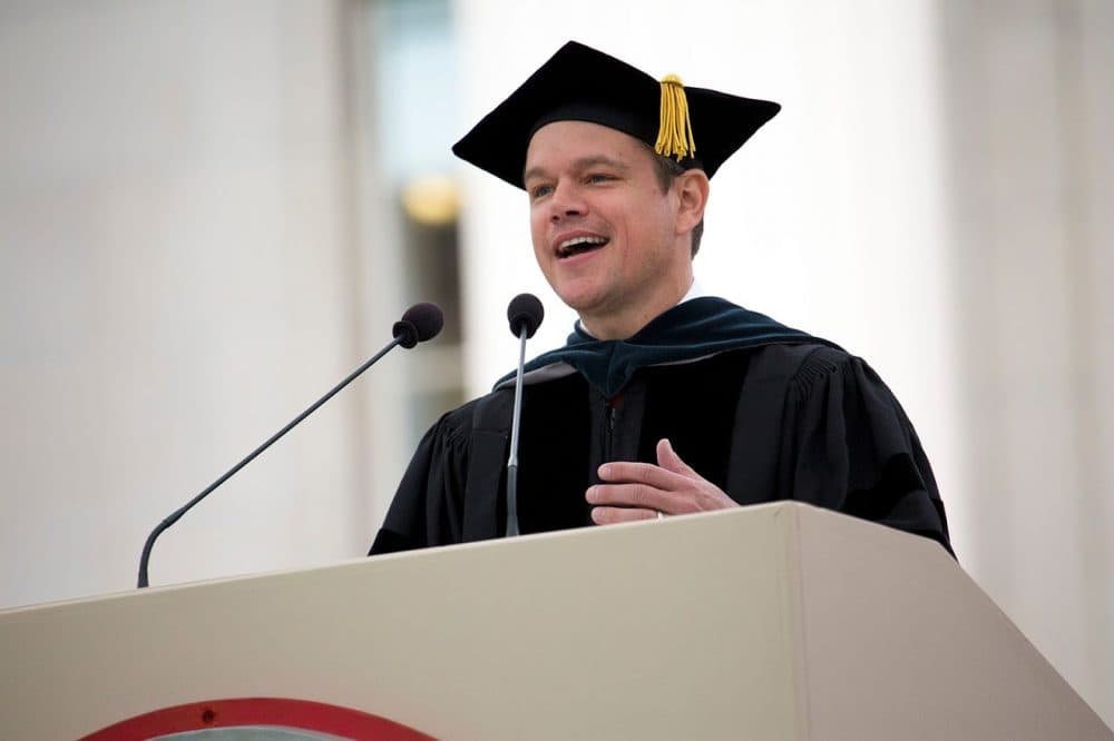 Matt Damon gives the commencement address at MIT on Friday. (Jesse Costa/WBUR)