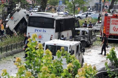 A bomb attack targeted Turkish police in a central Istanbul district on June 7, 2016, leaving several people wounded, the state-run TRT television reported.   (STRINGER/AFP/Getty Images)