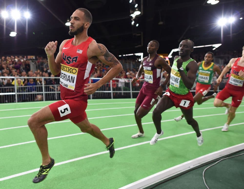 The USA's Boris Berian competes in the 800 meters at the IAAF World Indoor athletic championships in Portland, Oregon on March 19, 2016.  (Don Emmert/AFP/Getty Images)