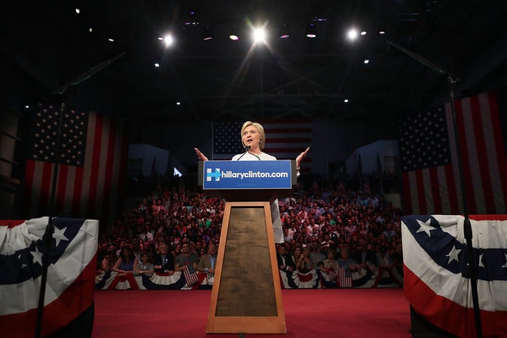Democratic presidential candidate former Secretary of State Hillary Clinton speaks during a primary night event on June 7, 2016 in Brooklyn, New York. Hillary Clinton surpassed the number of delegates needed to become the democratic nominee over rival Bernie Sanders with a win in the New Jersey presidential primary  (Justin Sullivan/Getty Images)