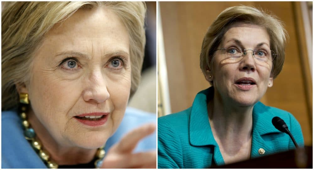 L-R, Democratic presidential candidate Hillary Clinton is pictured on Feb. 8, 2016; Sen. Elizabeth Warren, D-Mass., is pictured Oct. 6, 2015.