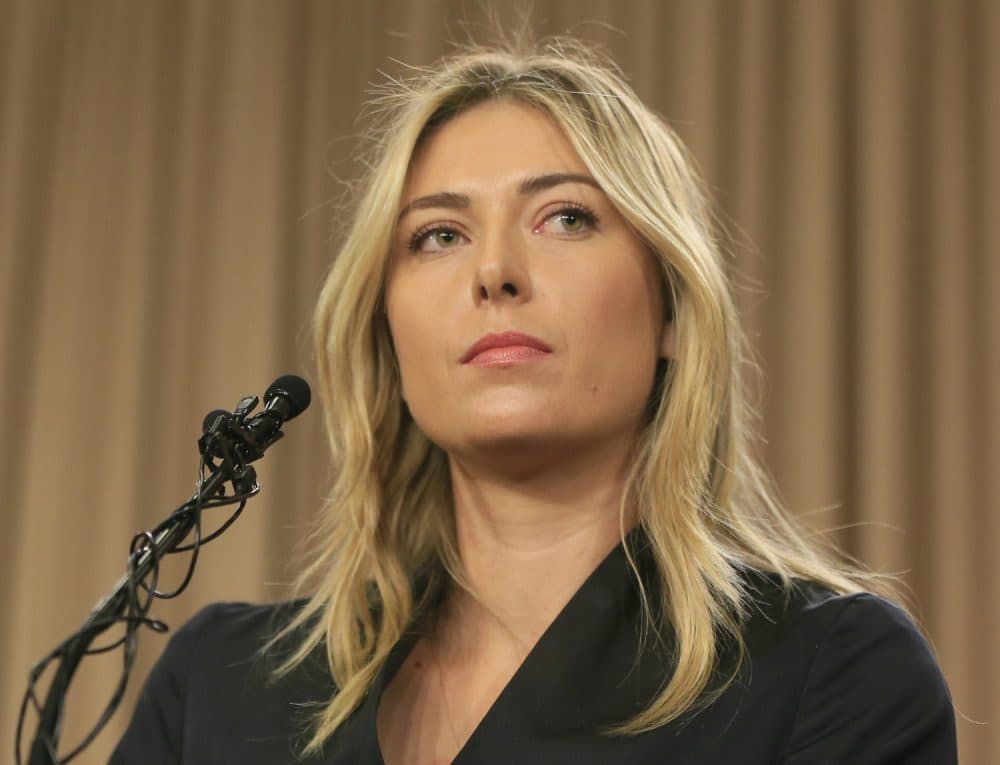 In this photo, Maria Sharapova speaks at a news conference in Los Angeles, Monday, March 7, 2016. Sharapova has been suspended for two years by the International Tennis Federation for testing positive for meldonium at the Australian Open. The ruling, announced Wednesday, June 8, 2016 can be appealed to the Court of Arbitration for Sport. (Damian Dovarganes/AP)