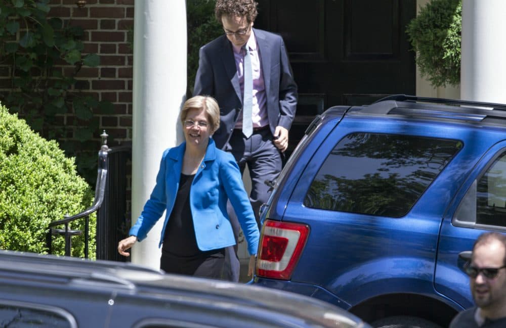 Sen. Elizabeth Warren, D-Mass., emerges from the home of Democratic presidential candidate Hillary Clinton following a private meeting the day after Warren’s endorsement, Friday, June 10, 2016, in Washington. (JJ. Scott Applewhite/AP)