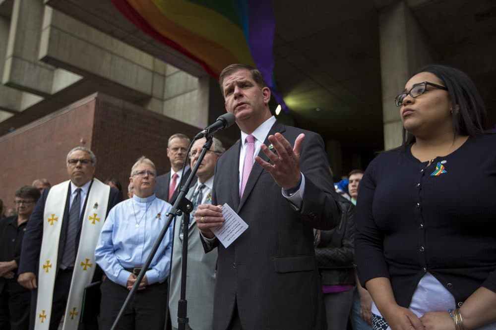 Boston Mayor Marty Walsh adresses the crowd of hundreds outside City Hall to honor the victims of Orlando. (Jesse Costa/WBUR)