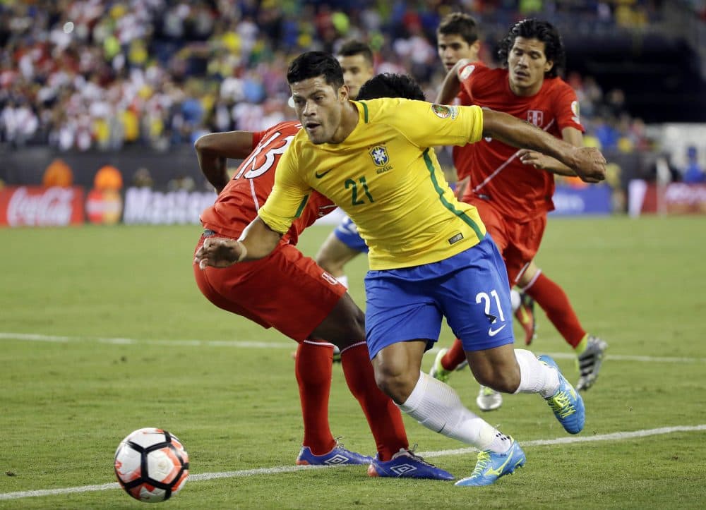 Brazil's Hulk (21) controls the ball in the second half of a Copa America Group B soccer match against Peru on Sunday in Foxborough. (Elise Amendola/AP)