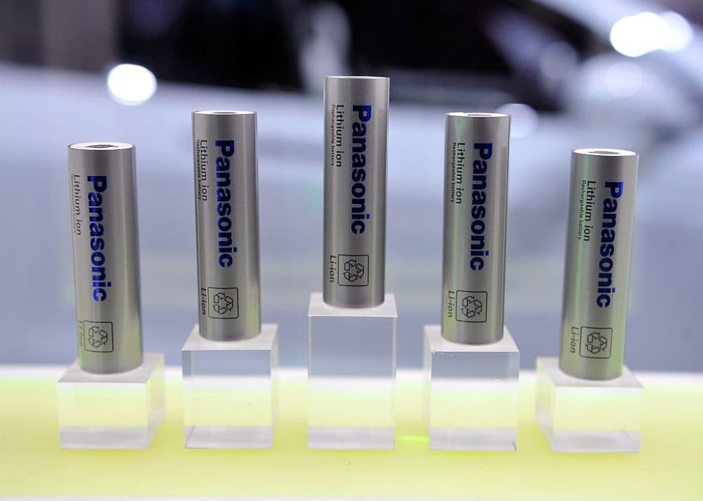 Lithium-ion batteries are displayed at the Panasonic booth during the 2015 International CES at the Las Vegas Convention Center on January 6, 2015 in Las Vegas, Nevada. (David Becker/Getty Images)