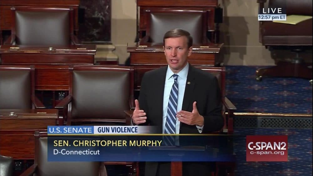 This frame grab provided by C-SPAN shows Sen. Chris Murphy, D-Conn. speaking on the floor of the Senate on Capitol Hill on Wednesday, where he launched a filibuster demanding a vote on gun control measures. (Senate Television via AP)