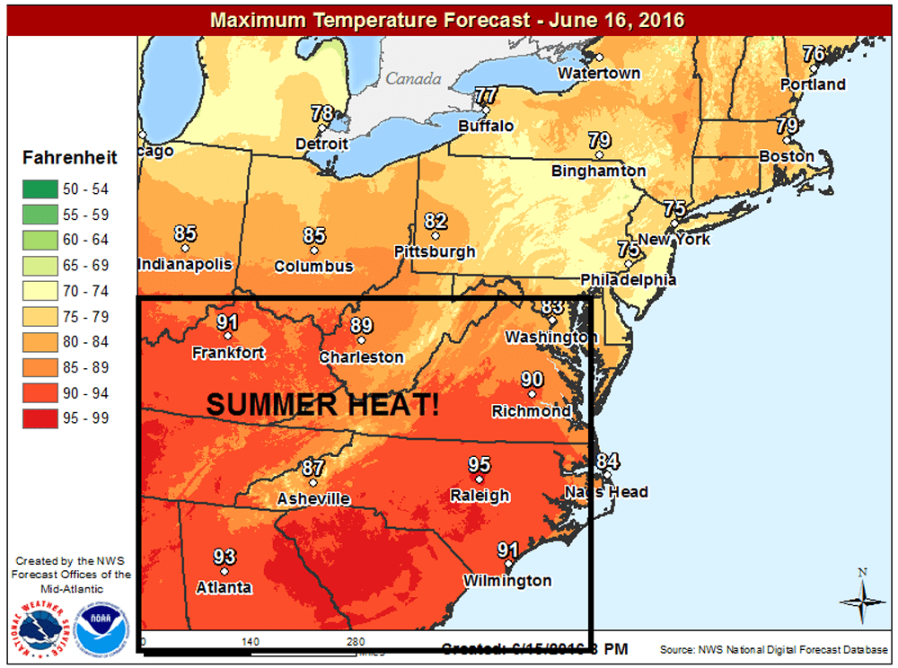 Projected high temperatures today. (Courtesy NOAA)