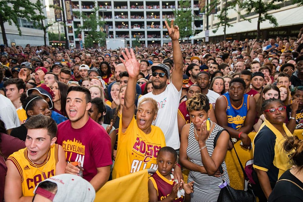 Fans react to a play during the Cleveland Cavaliers NBA Finals Game Seven watch party at Quicken Loans Arena on June 19, 2016 in Cleveland, Ohio. (Jason Miller/Getty Images)