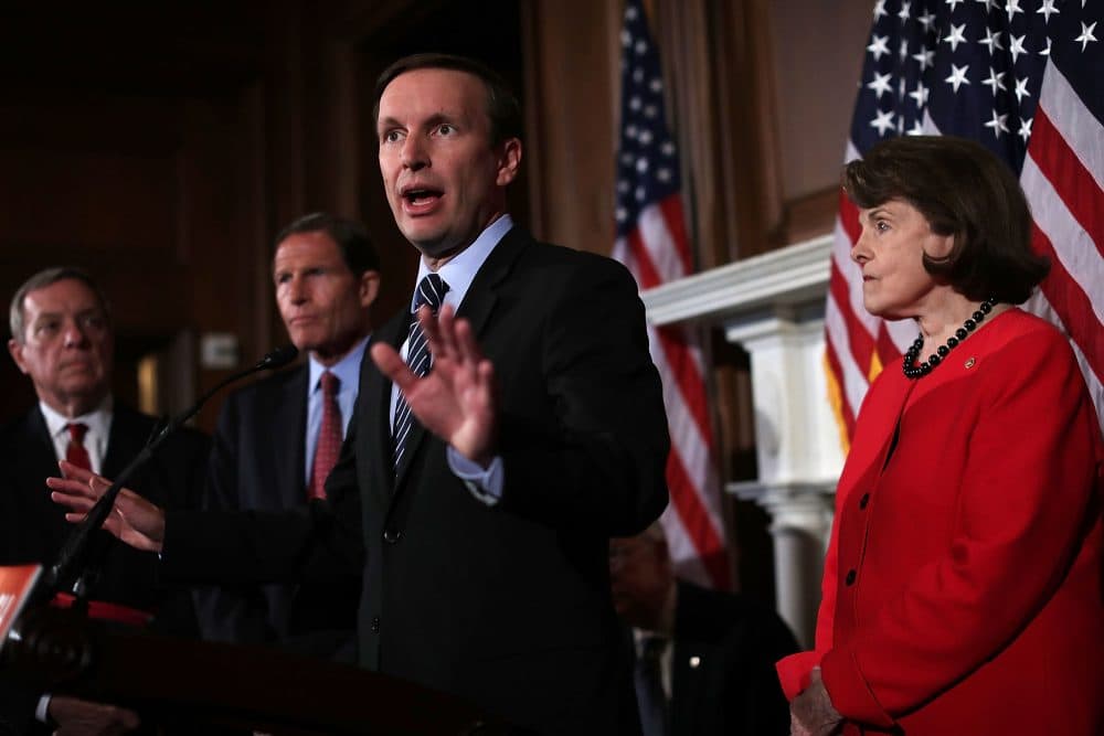 U.S. Sen. Christopher Murphy (D-CT) speaks as Sen. Dianne Feinstein (D-CA) (R), Minority Whip Richard Durbin (D-IL) (L) and Sen. Richard Blumenthal (D-CT) (2nd L) participate in a news conference on gun control at the Capitol June 20, 2016 in Washington, DC. The Senate failed to pass four competing amendments on gun control just a week after the nation's worst mass shooting in modern history at a gay nighclub in Orlando, Florida. (Alex Wong/Getty Images)