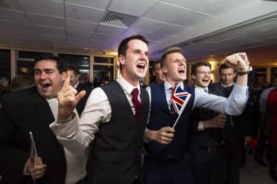 People react to a regional EU referendum result at the Leave.EU campaign's referendum party at Millbank Tower on June 23, 2016 in London, England. The United Kingdom has gone to the polls to decide whether or not the country wishes to remain within the European Union. After a hard fought campaign from both REMAIN and LEAVE the vote is too close to call. A result on the referendum is expected on Friday morning. (Jack Taylor/Getty Images)