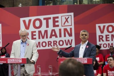 London Mayor Sadiq Khan, right, makes an address flanked by the leader of Britain's opposition Labour Party Jeremy Corbyn during a European Referendum &quot;Remain&quot; rally in London, Wednesday, June 22, 2016. (AP Photo/Matt Dunham)