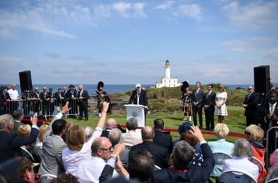 In this file photo, President-Elect Donald Trump takes questions after delivering a speech and officially opening his Trump Turnberry hotel and golf resort in Turnberry, Scotland on June 24, 2016. (Oli Scarff/AFP)