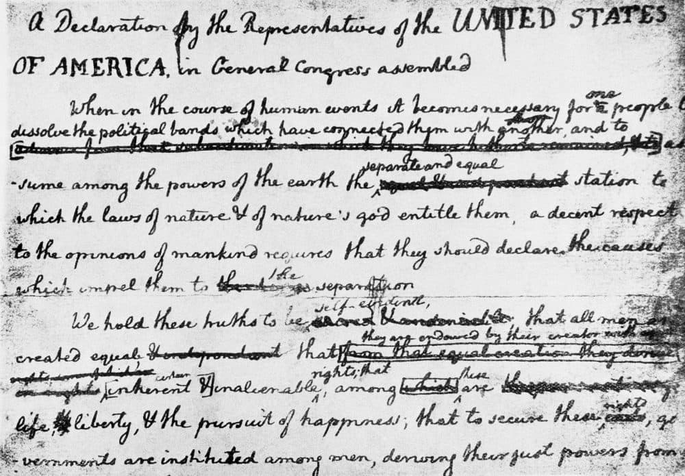The rough draft of the Declaration of Independence, written by John Adams and Benjamin Franklin before adoption by Congress. (AP)