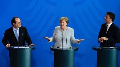 (L-R) French President Francois Hollande, German Chancellor Angela Merkel and Italy's Prime Minister Matteo Renzi address a press conference ahead of talks following the Brexit referendum at the chancellery in Berlin, on June 27, 2016. (John MacDougall/AFP/Getty Images)