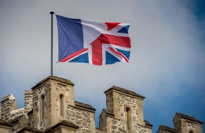 A photo taken on June 24, 2016 shows an amalgamation of the French and United Kingdom flag flying from a flagpole on the top of the castle of Hardelot, the cultural center of the Entente Cordiale (the colonial-era promise of cross-channel friendship between Britain and France)in Neufchatel-Hardelot, northern France. (Philippe Huguen /AFP/Getty Images)