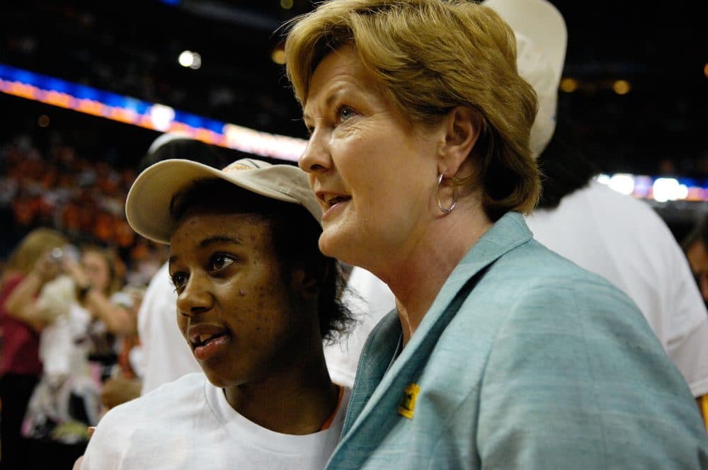 (L-R) Shannon Bobbitt #00 and head coach Pat Summitt of the Tennessee Lady Volunteers watch players cut down the net as they celebrate their 64-48 win against the Stanford Cardinal during the National Championsip Game of the 2008 NCAA Women's Final Four at St. Pete Times Forum April 8, 2008 in Tampa, Florida.  (Al Messerschmidt/Getty Images)