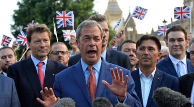 Leader of the United Kingdom Independence Party (UKIP), Nigel Farage speaks during a press conference near the Houses of Parliament in central London on June 24, 2016. Photo credit should read (Glyn Kirk/ AFP/Getty Images)