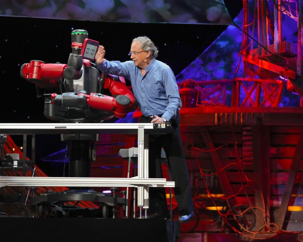 Rodney Brooks presenting the Baxter robot, a product of Rethink Robotics, during a TED talk.
(Steve Jurvetson/Flickr)