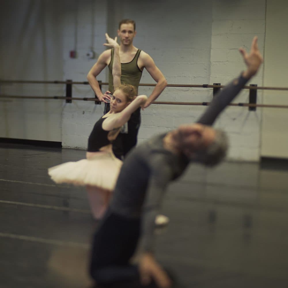 Choreographer Gianni Di Marco rehearsing &quot;The Firebird&quot; with dancers Alan Alberto and Ruth Whitney. (Courtesy Jacob Hoover)