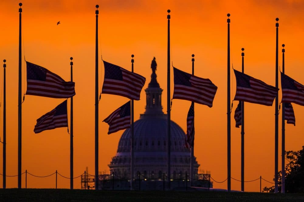 Erika Fine responds, in verse, to the the deadliest mass shooting in U.S. history. Pictured: Flags fly at half-staff around the Washington Monument at daybreak in Washington with the U.S. Capitol in the background Monday, June 13, 2016. President Barack Obama ordered flags lowered to half-staff to honor the victims of the Orlando nightclub shootings. (J. David Ake/AP.)