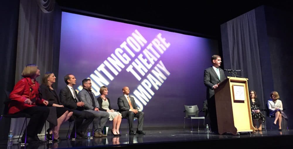 Boston Mayor Marty Walsh announces an agreement to let the Huntington Theatre Company retain control of its theater.  (Jeremy D. Goodwin for WBUR)