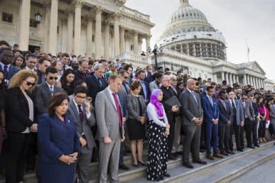 The LGBT Congressional Staff Association, the Congressional Muslim Staff Association, and members of Congress gather for a prayer and moment of silence on the steps of the Capitol to stand in solidarity with the Orlando community and to remember the victims of Sunday's shooting on Monday. (J. Scott Applewhite/AP)