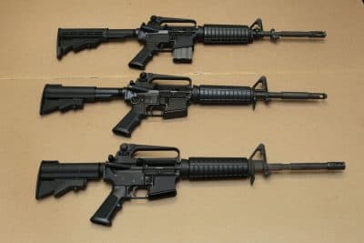 Three variations of the AR-15 assault rifle are displayed at the California Department of Justice in Sacramento, Calif. (Rich Pedroncelli/AP)