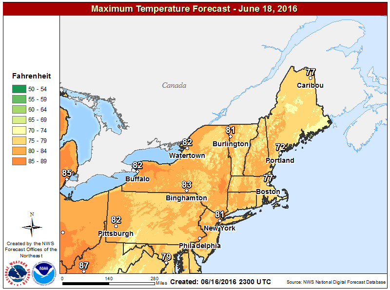 Expected high temperatures for Saturday, June 18. (Courtesy NOAA)