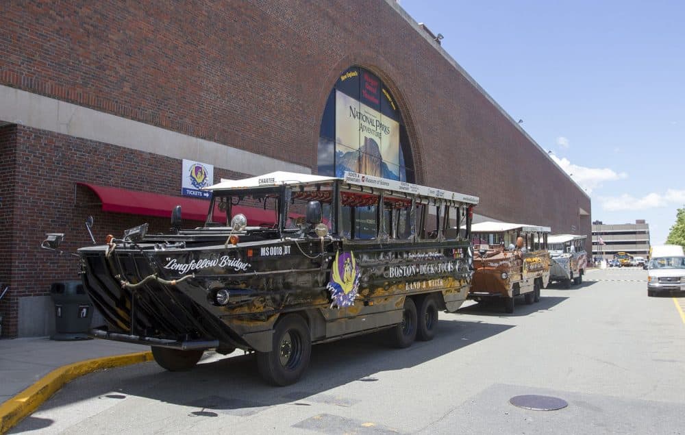 Duck boats are lined up at the Museum of Science in June. (Joe Difazio for WBUR)
