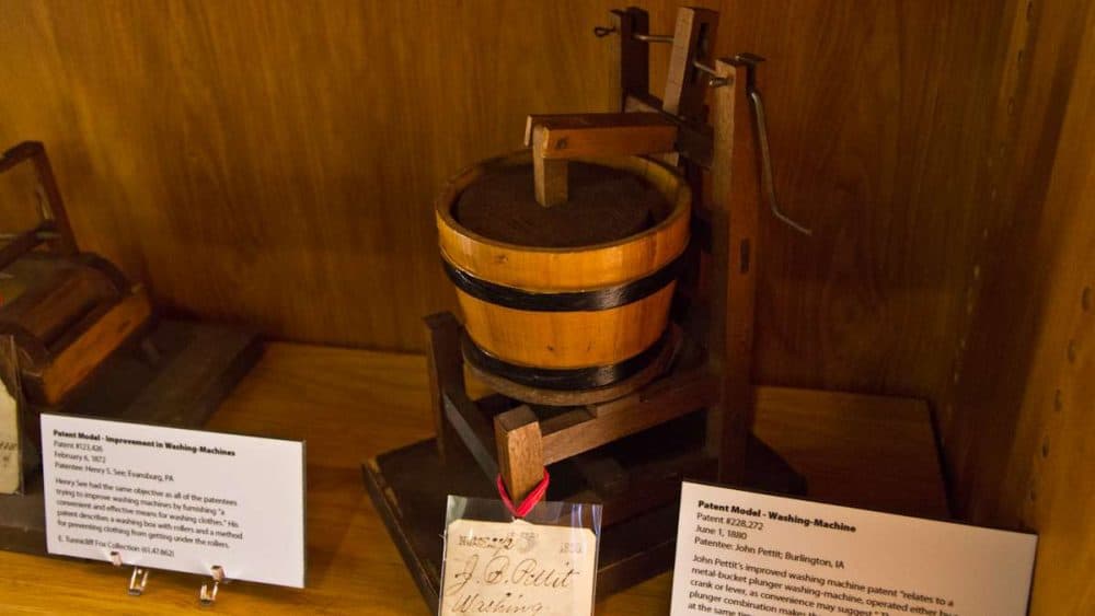 Washing machine model patented by John Pettit in 1880 on display at the Hagley Museum and Library in Wilmington, Delaware. (Kimberly Paynter/WHYY)