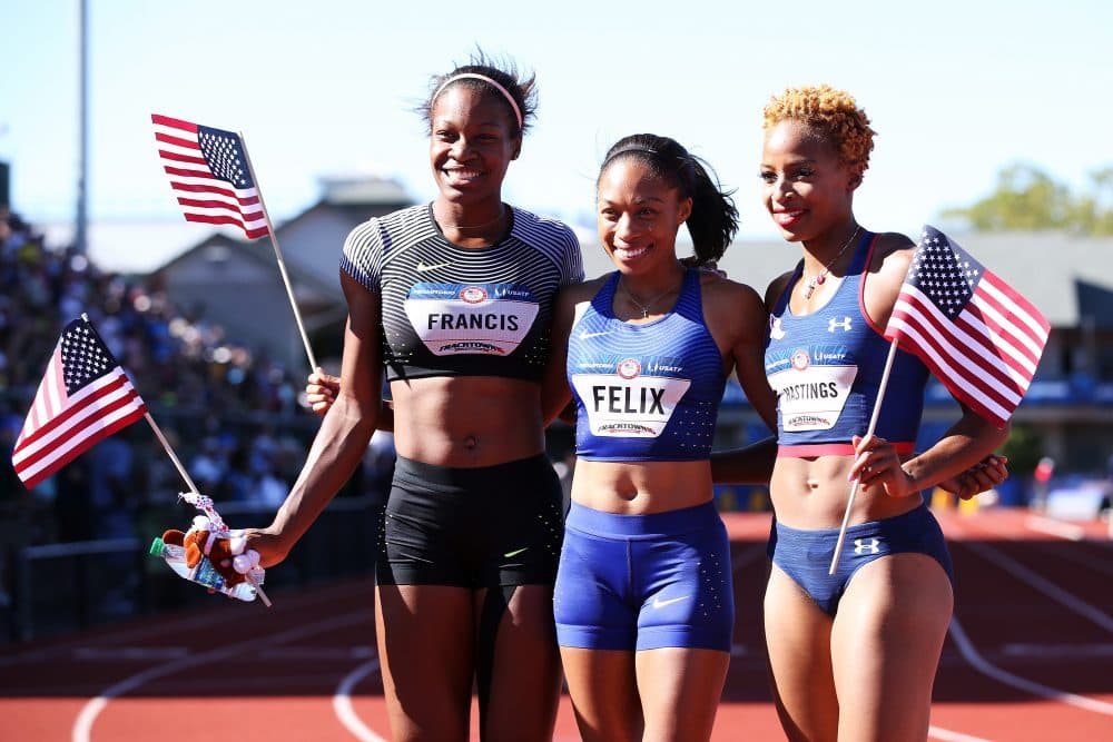 Allyson Felix, first, Phyllis Francis, second, and Natasha Hastings, third, pose together after the Women's 100 Meter Final during the 2016 U.S. Olympic Track &amp; Field Team Trials at Hayward Field on July 3, 2016 in Eugene, Oregon.  (Andy Lyons/Getty Images)