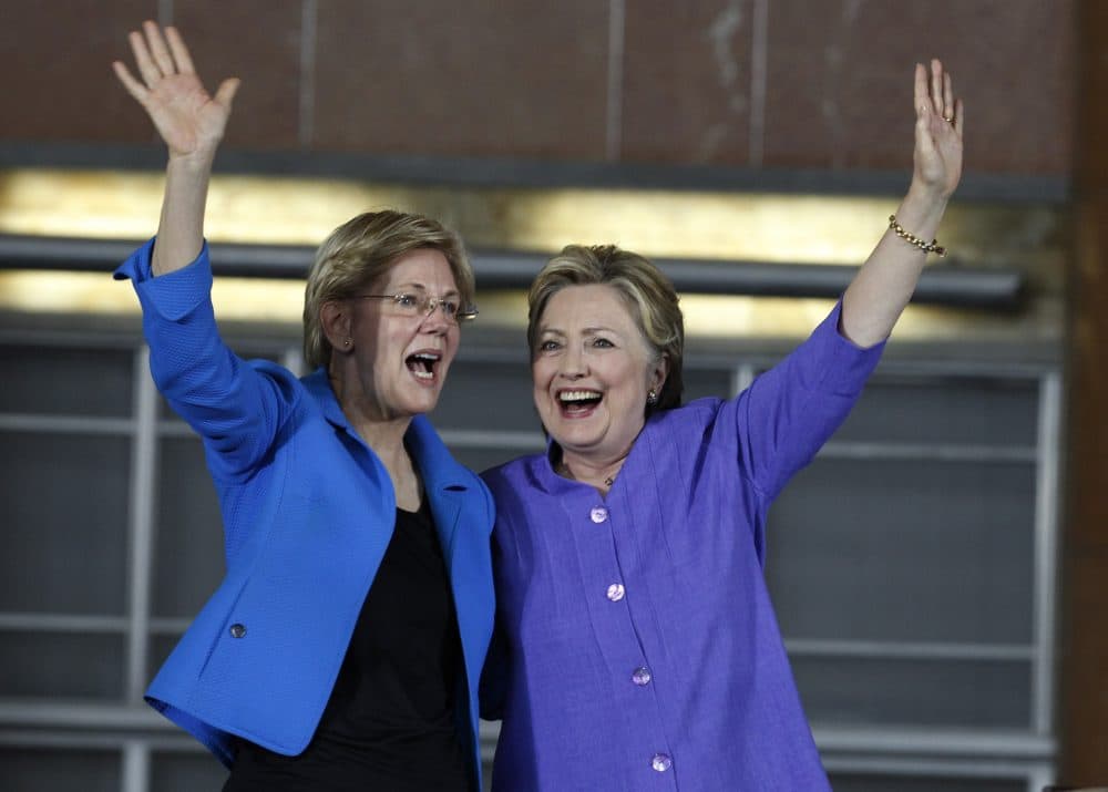 Democratic Presidential candidate Hillary Clinton (R) and U.S. Sen Elizabeth Warren (D-MA) wave to the crowd before a campaign rally at the Cincinnati Museum Center at Union Terminal June 27, 2016 in Cincinnati, Ohio. Warren is helping Clinton campaign in Ohio.   (John Sommers II/Getty Images)