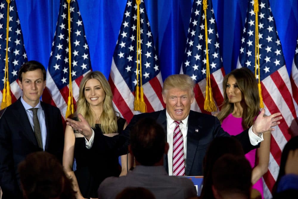 Republican presidential candidate Donald Trump is joined by his wife Melania, daughter Ivanka and son-in-law Jared Kushner as he speaks during a news conference at the Trump National Golf Club Westchester, Tuesday, June 7, 2016, in Briarcliff Manor, N.Y. (AP Photo/Mary Altaffer)