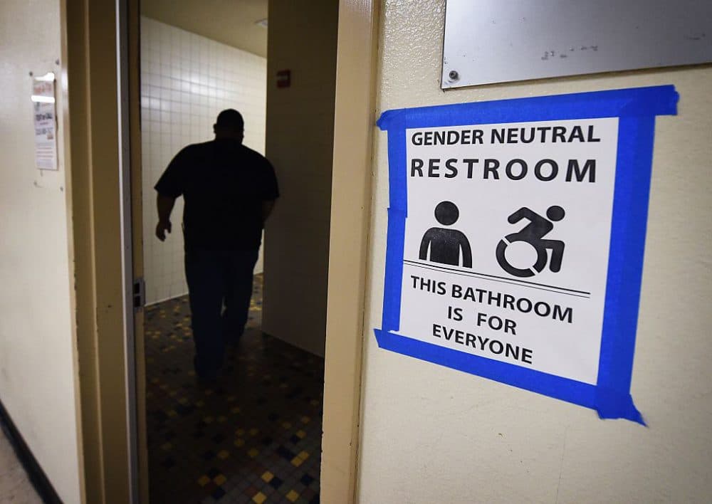 Signs are posted outside the Santee High School's gender neutral restrooms at their campus in Los Angeles, California on May 4, 2016. There is an &quot;emerging consensus worldwide&quot; that the LGBT community should enjoy the same rights as everyone else, Washington's first envoy for gay rights said, but warned transgender people are still too often victims of violence. (Mark Ralston /AFP/Getty Images)