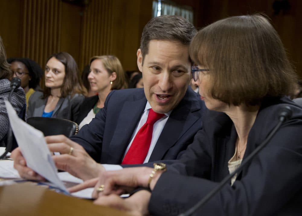 Centers for Disease Control and Prevention Director Tom Frieden, left, confers with State Department Bureau of Oceans and International Environmental and Scientific Affairs Acting Assistant Secretary Judith Garber, on Capitol Hill in Washington, Wednesday, July 13, 2016, as they wait to testify before the Senate Foreign Relations subcommittee hearing on the &quot;Zika in the Western Hemisphere: Risks and response.&quot; (Manuel Balce Ceneta/AP)