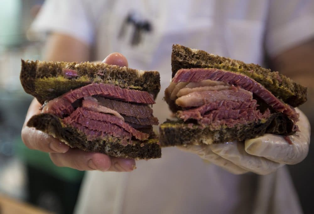A close up of the &quot;No. 2&quot; at Mamaleh's Delicatessen -- hot corned beef on rye with mustard. (Jesse Costa/WBUR)