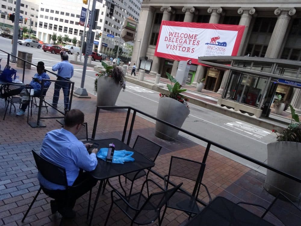 A sign welcomes visitors in downtown Cleveland, Ohio on July 14 2016, days before the city hosts the Republican National Convention. (Eva Hambach/AFP/Getty Images)