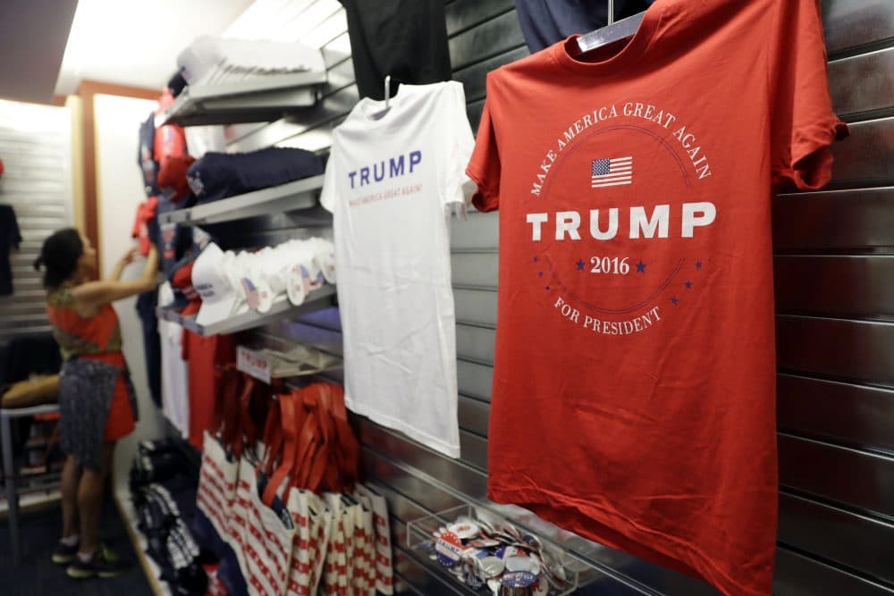 Trump campaign items are set up inside the Quicken Loans Arena for the Republican National Convention in Cleveland. (Matt Rourke/AP)
